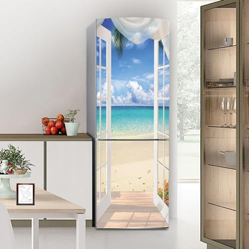 Adesivi per frigorifero decorativi 3d, adesivo per frigorifero che copre completamente la porta del copre adesivi murali per decalcomanie da cucina, vista sul mare sulla spiaggia con finestra bianca