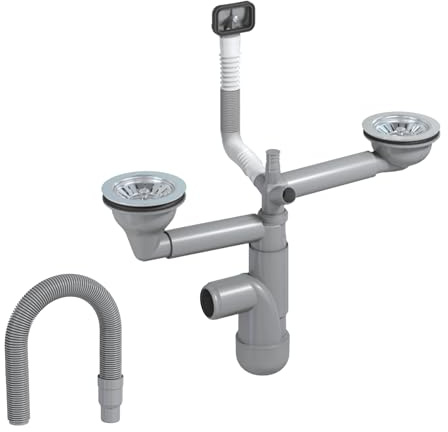 LAXARA Flexlok Teleskop Siphon für platzsparende Küchenspülen/Spülbecken | Universale Flexibilität mit recyceltem Kunststoff | (Flexlok2 mit eckigem Überlauf mit Abflussrohr ohne Magnetabdeckung)