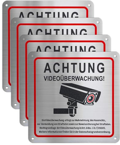 4 cartelli di avvertimento per videosorveglianza, in alluminio, conformi alla normativa GDPR, 15 x 15 cm, con pellicola autoadesiva, ad alta visibilità e resistente alle intemperie, protezione per