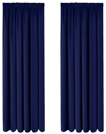 Oxford Homeware Blackout Pencil Pleat Curtains for Living Room Thermal Insulated Navy Curtains Wide 46x54 Inch Drop Energy Saving 2 Panels with 2 Tie Backs