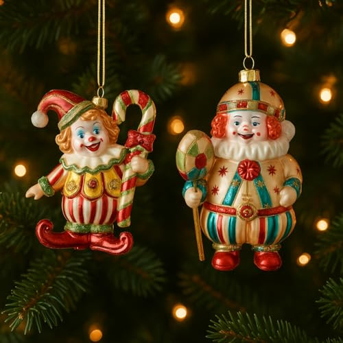 Addobbo Albero di Natale Clown Vintage con Bastone di Zucchero e Lollipop, 2 Varianti, Perfetto per Albero di Natale e Regali Festivi 12cm - Varzi dal 1956