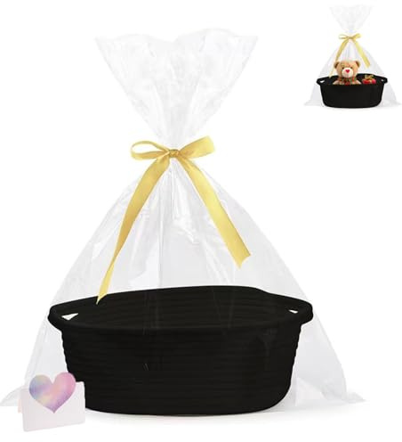 Cestino Intrecciato per Regali, due Pezzi Cestino Regalo Vuoto, 30 x 20 x 12 cm Piccolo Cesto Tessuto, con Sacchetti di Cellophane E Fiocchi, Adatto a Camere da Letto, Bagni, Asciugamani(Nero)