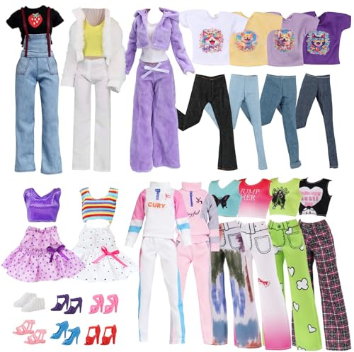 21 Puppenkleidung und Zubehör für 11.5 Zoll Doll 6 Outfits Erdbeer Jumpsuit Set Plüsch Sportset Set mit Welpenprint Freizeitkleidung Coolwear Rock 6 Schuhe für Mädchen Geschenk