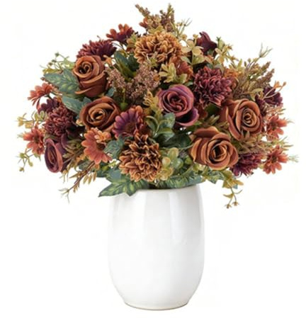 BlesConi Lot de 2 bouquets de fleurs d'automne en soie - Roses artificielles réalistes et hortensias avec fougères pour décoration d'intérieur, orange - 33 cm
