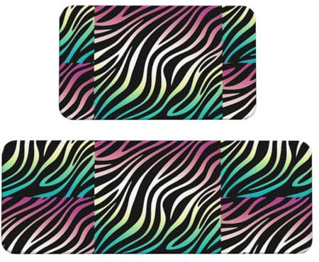 Zebra Print Kitchen Rugs Set of 2, Cushioned Anti-Fatigue Kitchen Mats for Floor, Waterproof Comfort Standing Mat Absorbent Velvet Kitchen Runner Rugs 17x30+17x47