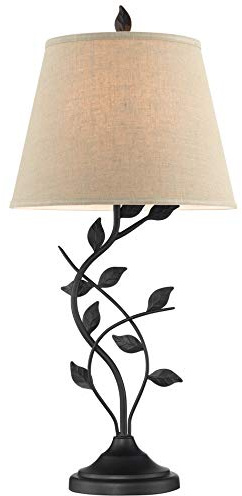 Kira Home Ambrose 31 Traditional Rustic Table Lamp + Beige Fabric Shade, Leaf Detailed Body, 7W LED Bulb (Energy Efficient, Eco-Friendly), Matte Black Finish