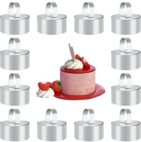 Mopoin Lot de 12 Anneaux à Dessert en Acier Inoxydable avec Tampon pour gâteau, Mousse, Dessert - 8 cm (Rond)