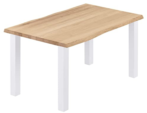 LAMO Manufaktur Esstisch Küchentisch Schreibtisch Couchtisch aus Massivholz, mit Baumkante 100x60x76 cm (AxBxH), Classic, Natur/Weiss, LOB-01-A-002-9016Cl