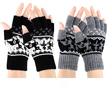 SATINIOR 2 Paar Halbfinger Handschuhe Damen Fingerlos Fäustlinge Winddicht Winter Warme Fingerlos Strickhandschuhe (Schwarz und Grau)