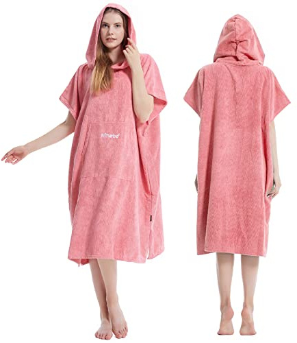 Hiturbo Changing Towel Robe, Absorbent Hooded Surf Poncho Quick-Dry Blanket Towels with Front Pocket for Swiming Surfing Aquatics One Size Unisex (Pink)