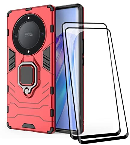 COMAKU Funda de Armor para el Honor Magic5 Lite 5G/Magic 5 Lite, Carcasa TPU+PC Antigolpes con Anillo Soporte [con 2 Pack Protector de Vidrio Templado para Pantalla ] - Rojo