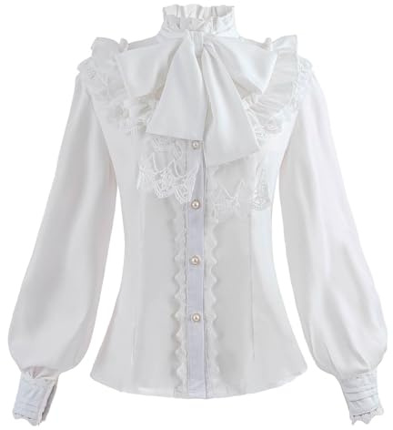CR ROLECOS Victorian Blouse Women Lolita Lace Stand-Up Collar White Lotus Ruffle Shirt Retro M