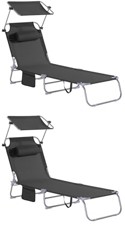 SoBuy 2-er Set Sonnenliege klappbar Gartenliege mit Sonnendach & Kopfkissen & Seitentasche Strandliege für Balkon 155x56x81cm für Gartenmöbel Terrasse Camping Schwarz OGS48-SCHx2