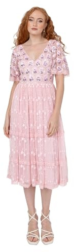 Maya Deluxe kvinnor midi klänning kort ängelärmar V-hals A-linje paljett embellished blommig tyll spets bröllop gäst bal balettrosa 44, Balett rosa, 44