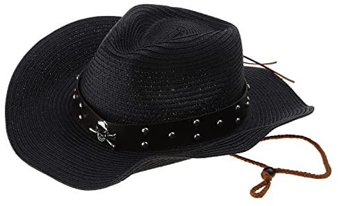 Sombrero de vaquero vintage estilo occidental grande de metal con ala de calavera, sombrero tejido de paja resistente al sol, accesorio para verano, color negro