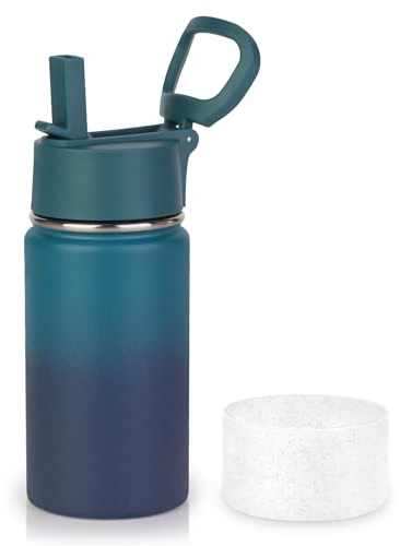 Volhoply 14 oz barn rostfritt stål isolerad läckagesäkerflaska med sugrörslock och silikonkänga, BPA-fri enkel användning för pojkar och flickor, dubbelväggs vakuum (mörk natt, 1)