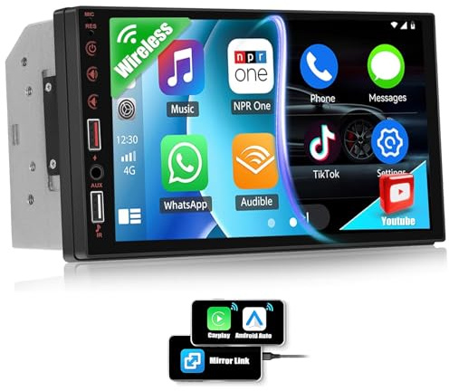 CAMECHO Double Din Car Stereo with Wireless CarPlay Android Auto, 7” IPS Touch Screen Bluetooth Car Radio Support Youtube Mirror Link FM Radio Dual USB AUX Input Car Multimedia Player 2 Din Head Unit