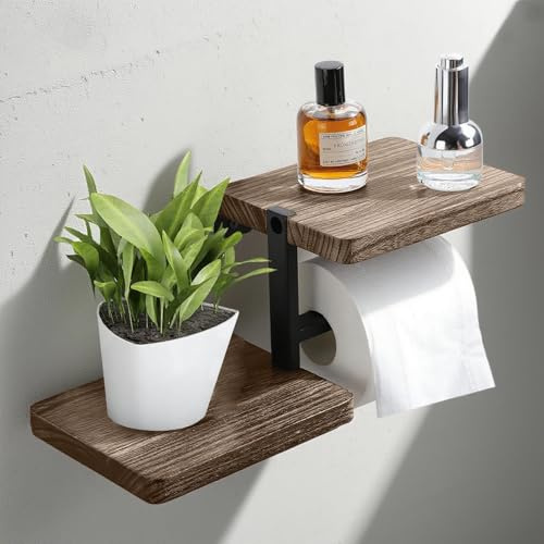 Kongming Toilettenpapierhalter mit 2 Ablage Klopapierhalter zum Bohren Klorollenhalter aus Metal&Holz, WC Papier Halterung Wandmontage für Küche und Badzimmer, schwarz