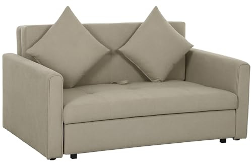 HOMCOM 2 Seater Sofa Bed with Hidden Storage, Pull Out Convertible Bed Settee, Modern Snow Flannel Loveseat Sofa Sleeper with 2 Cushions for Living Room, Guest Room, Light Brown