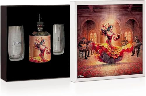 Gin J.Rose Confezione Regalo Quadro - Flamenco - London Dry Gin Artigianale 70 cl con 2 Bicchiere Brandizzati di Vetro -