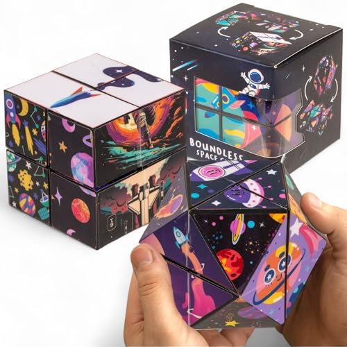MIJOMA Infinity Cube – oändlig kub med spännande motiv | Fidgetleksak mot stress och tristess | hopfällbar kub för barn och vuxna | 5,5 cm (rymd)