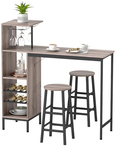 HOMCOM Bartisch mit Barhocker Set Tresentisch mit 2 Stühlen mit Fußstütze, Esstisch mit Weinglashalter, Ablage, Weinregal, Industrial Bartisch Set für Esszimmer, Kleine Raum, Grau