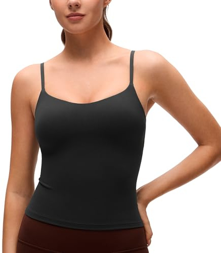CRZ YOGA Softness Mold Butterluxe Camisole Tank Top for Women - Crop Adjustable U Back Workout Shirt with Built in Shelf Bra Black Medium