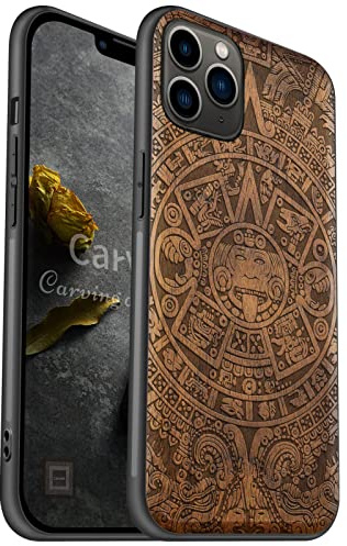 Carveit Coque Compatible avec iPhone 11 Pro Max Étui en Bois [Etui en Bois Rigide Antichoc avec Cadre en TPU] pour 11 Pro Max Premium Coque de Protection (Noyer-Calendrier Maya)