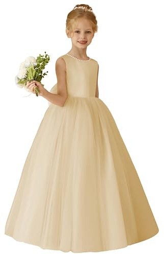 MCieloLuna Backless Bow-Knot Flower Girl Dresses for Wedding Birthday Party First Communion Dress Puffy Tulle Princess Pageant Ball Gowns Champagne Size 8