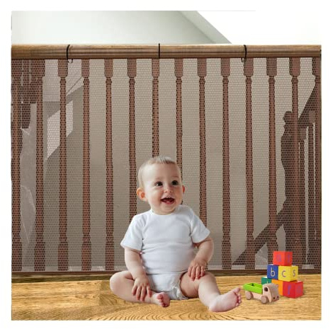 Banister Guard for Baby and Pets - 10ft x 3ft Safety Stairs Rail Net, Balcony Netting Provides Safe Environment for Child, Small Pet, Toy - Brown