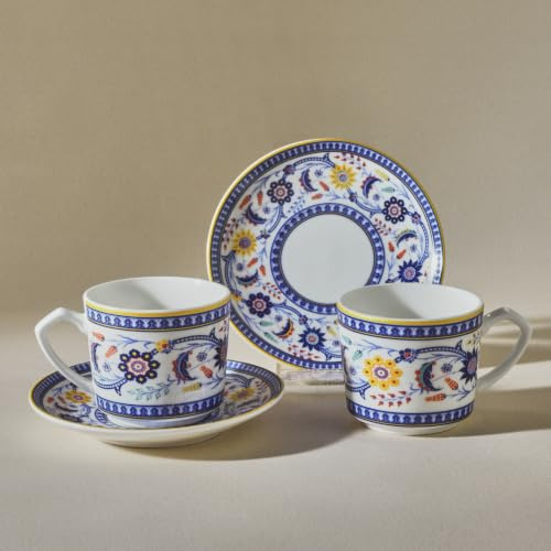 KARACA Juego de tazas de café turco, café expreso, moca, capuchino, hechas de porcelana, para 2 personas, patrón turco tradicional, apto para lavavajillas, 4 piezas de 80 ml