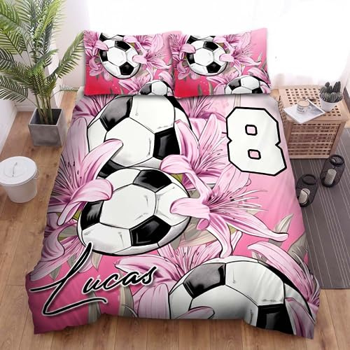 Custom Soccer Bedding Set Full Comforter Pink Flower for Girls, Twin Comforter Set, Sport Full Size Bedding, Sports Pattern Bed Set for Kids Boys Teens