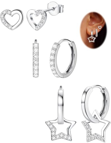 JeweBella Örhängen i flerpack, 3 par örhängen i 925 Sterling silver för kvinnor och tjejer, hypoallergena, med hjärta, stjärna och stift, örhängen i set för flera piercingar, Koppar