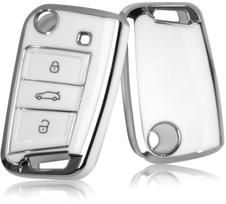 CDEFG Kompatibel mit VW T-ROC/T-Cross/Golf 7/Polo MK6/Tiguan 2/Leon 5F/Ateca/Arona/Kamiq/Fabia 3 Schlüssel Hülle AutoschlüSsel Silikon Schutzhülle 3-Tasten Funkschlüsse Auto Zubehör (Weiß)