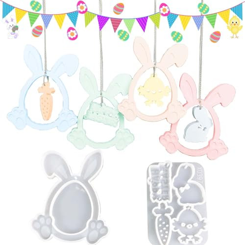 TREABEAR 5PCS Silikonformen Gießformen Ostern, Gießformen Silikon Hase Ostern Anhänger, Silikonform Tiere, Silikonformen Ostereier