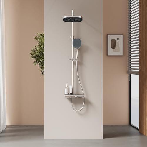 EMKE Thermostatische Duschsäule, Regendusche und 3 Duschjets, manuelles Duschsystem, verchromt, 1194 x 490 x 253 mm, verstellbare Höhe 864-1194 mm