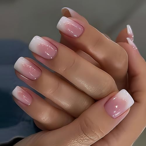 24Pcs Ombre False Nails - Medium Square Press on Nails - Gradient Fake nails with Glue - Pink White Stick on Nails - Square Nail Tips and Glue for Women DIY Summer Nail Art Home