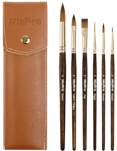 Nicpro 6 Piezas Pinceles Acuarela de Viaje, Pinceles de Alto Rendimiento de Pelo de Marta Kolinsky para Artistas Profesionales y Principiantes, para Acuarela, Tinta y Gouache