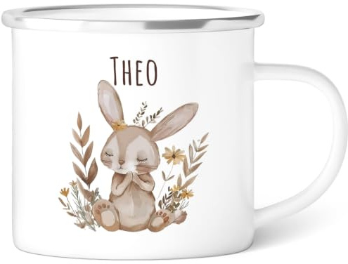 GRAVURZEILE Emaille Tasse für Kinder - Waldtiere Kaninchen - Personalisiert mit Namen - versch. Tiermotive zur Auswahl - 300 ml - Trinkbecher für Kinder - Geschenk für Jungen & Mädchen