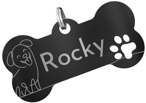 Hundemarke aus Edelstahl graviert – personalisiertes Namensschild in Knochenform mit Hundemotiv – ID Anhänger für Hunde mit Gravur von Name, Adresse, Telefonnummer – rostfrei und wetterfest (Schwarz)