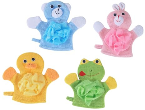 FIXOSHEE 4 pièces Lot de de Bain pour Garçon Fille avec Motifs Animaux Mignons Toilette Doux et Exfoliant Serviette de Bain Créative pour Nettoyage Corporel Facile à Utiliser et