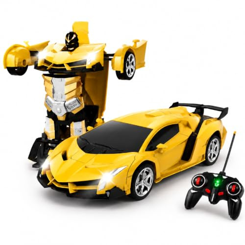 KutaKuta Remote Control Cars, 2 IN 1 Transforming Police Car Toy Gift with Hand Gesture Sencing LED Light Music, Police RC Car Transforming Robot 2.4GHz 360°Rotation Transform