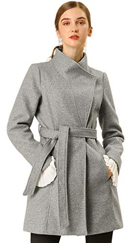 Allegra K Cappotto invernale da donna classico con colletto alla coreana a maniche lunghe con cintura, Grigio, Large