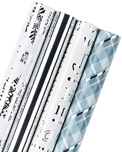 RUSPEPA Geschenkpapierrolle - Silber- Und Blaues Rasterpapier Mit Glitter Metallic Foil Shine - 4 Rollen - 76cm X 305cm Pro Rolle