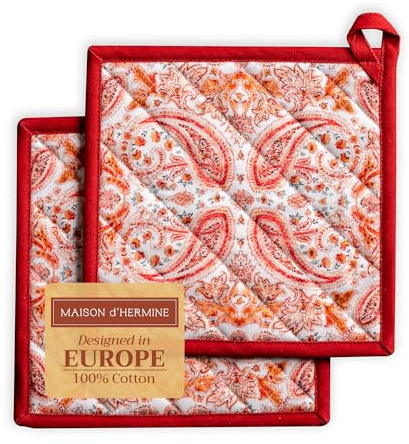 Maison d' Hermine Orient Lot de 2 maniques 100% Coton avec Boucle résistante à la Chaleur pour Barbecue, Cuisson, Griller, Micro-Ondes, Thanksgiving/Noël (20cm x 20cm)
