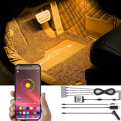 TABEN RGB Innenraum-Umgebungslicht-Kit, verbessertes paralleles Design 4-teiliger 48-APP-Controller, Synchronisierung mit Musik Sound Aktive Speicherfunktion Fahrzeugbeleuchtung mit Autoladegerät