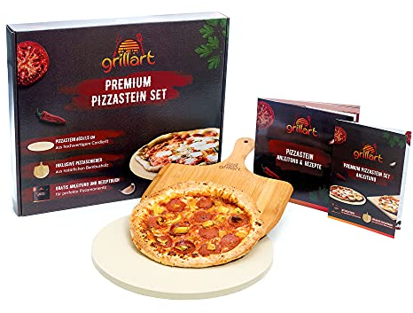 grillart® Premium Pizzastein für Gasgrill, Holzkohlegrill und Backofen im Set – Hochwertiger Pizzastein Rund inklusive Pizzaschieber und Rezeptbuch – auch optimal als Brotbackstein geeignet