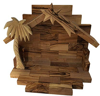 Handgeschnitztes Miniatur-Krippen-Set aus Olivenholz aus Bethlehem mit stabilen 12 Teilen (11,4 cm Stall, keine Figuren)