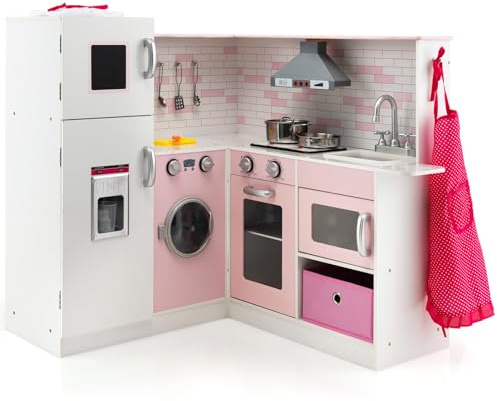 RELAX4LIFE Cucina Giocattolo per Bambini, Mini Cucina in Legno, Suoni e Luci Realistici, Cucina Giocattolo con Lavello, Fornelli, Microonde, Frigorifero, per Bambini 3+ Anni (Super Lussuosa)