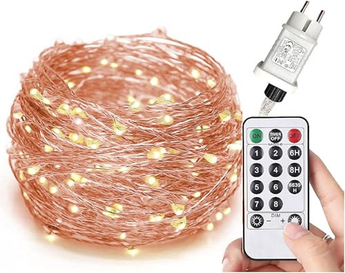 Gresonic 200/300er LED Mikro Silberdraht Lichterkette Strombetrieb Deko für Innen Außen Warmweiß (Kupferdraht Warmweiß 8 Modi, 100LED)